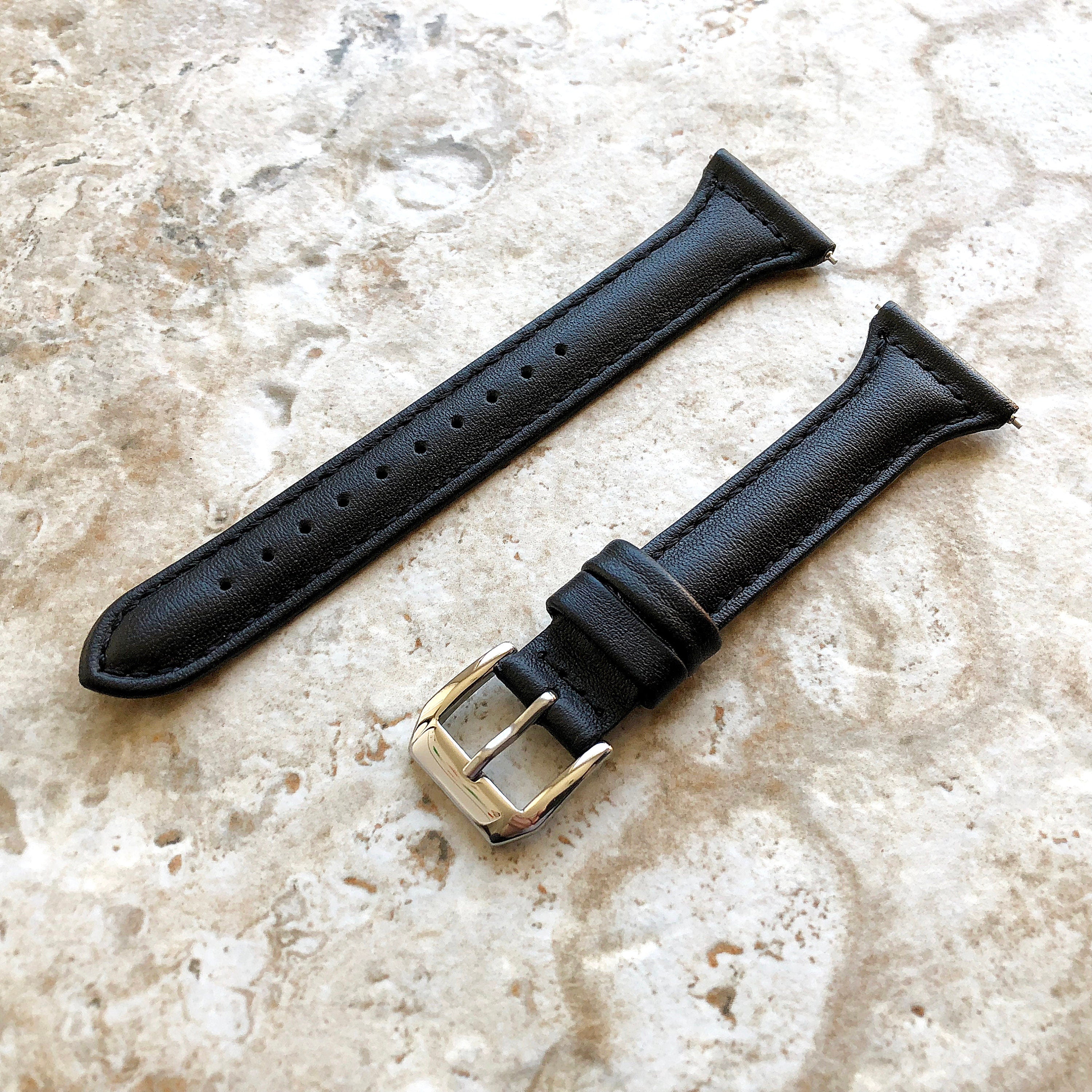 22mm Black Slim and Elegant Soft Leather Watch Strap Band for Wrist Hand Watches - Quick Release Pins Included Easy and Ready to Attach